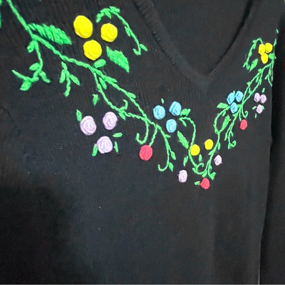 VINTAGE 70S V-NECK SWEATER NAVY BLUE 3D POMPOM FLORAL FLOWERS MULTI-COLOR XS/S - Picture 11 of 14